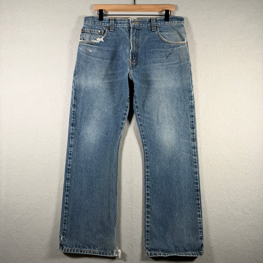 Levis 517 Boot Cut Jeans Mens 34x29 Medium Wash Blue Denim Distressed 00517-0216